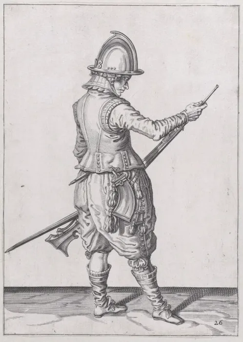 Framed Print : A soldier ramming home powder and bullet with the ramrod, from the Marksmen seri... published 1608. Creator: Robert Willemsz de Baudous Framed Print : A soldier ramming home powder and bullet with the ramrod, from the Marksmen seri... published 1608. Creator: Robert Willemsz de Baudous