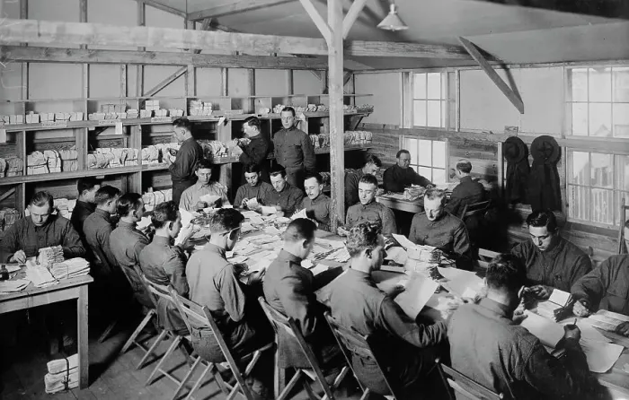 Framed Print : Soldier records, Camp Upton, 1917 or 1918. Creator: Bain News Service Framed Print : Soldier records, Camp Upton, 1917 or 1918. Creator: Bain News Service
