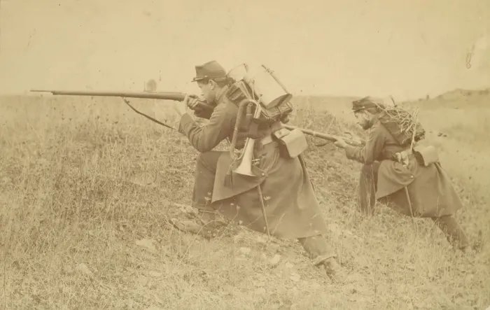 Framed Print : Soldier with Rifle and Bugle, 1880s-90s. Creator: Unknown Framed Print : Soldier with Rifle and Bugle, 1880s-90s. Creator: Unknown