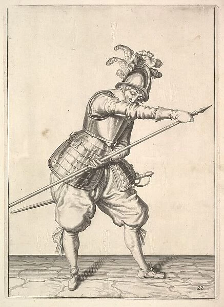 A soldier sliding his right hand along the training-pike, from the Lansquenets series