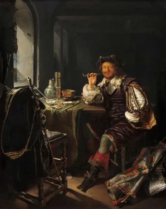Framed Print : A Soldier Smoking a Pipe, c. 1657 / 1658. Creator: Frans van Mieris Framed Print : A Soldier Smoking a Pipe, c. 1657 / 1658. Creator: Frans van Mieris