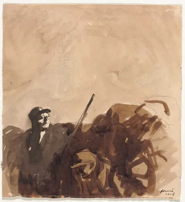 Framed Print : Soldier in a Trench (recto) Reclining Woman (verso), 1915. Creator: Jean Louis Forain (French