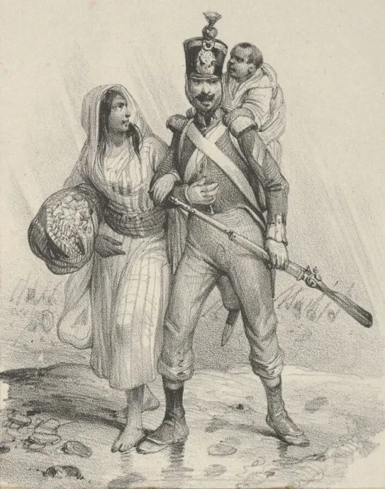Framed Print : Soldier with a woman on his arm and a child on his back, mid-19th century Framed Print : Soldier with a woman on his arm and a child on his back, mid-19th century