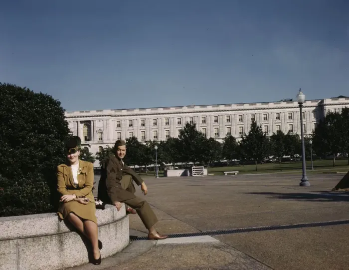 Framed Print : A soldier and a woman in a park, with the Old Russell Senate Office... Washington, D.C. ca. 1943. Creator: Unknown Framed Print : A soldier and a woman in a park, with the Old Russell Senate Office... Washington, D.C. ca. 1943. Creator: Unknown