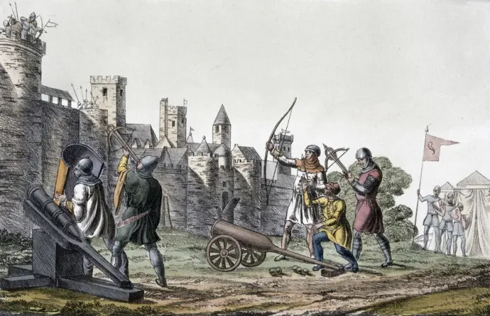 Framed Print : Soldiers and artillery of the 15th century besieging a walled town, 19th century Framed Print : Soldiers and artillery of the 15th century besieging a walled town, 19th century