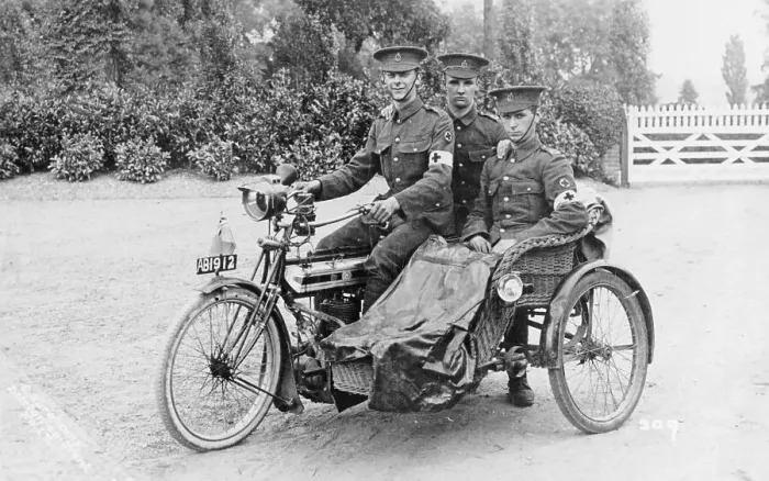 Framed Print : Three soldiers on a bicycle and sidecar, (WWI?) Framed Print : Three soldiers on a bicycle and sidecar, (WWI?)