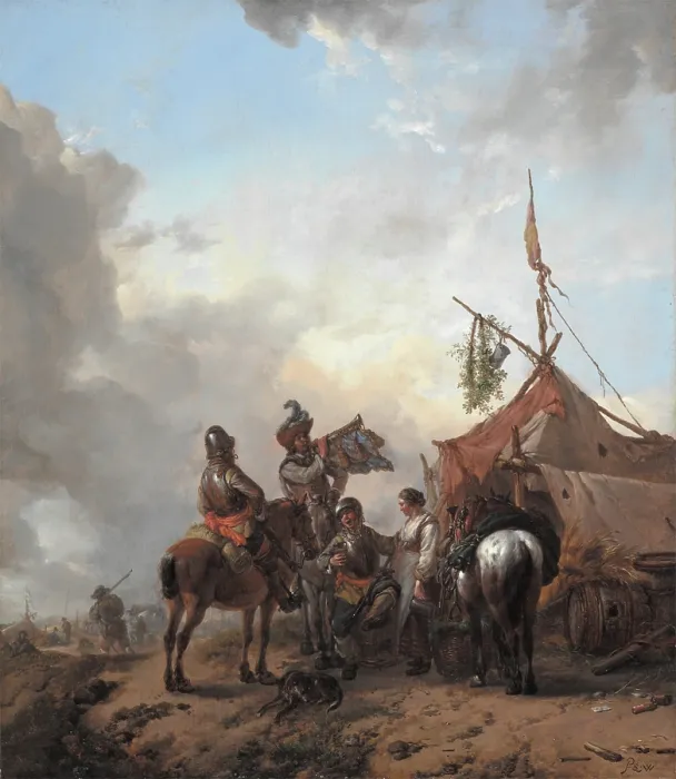 Framed Print : Soldiers Carousing with a Serving Woman outside a Tent, c1655. Creator: Philip Wouverman Framed Print : Soldiers Carousing with a Serving Woman outside a Tent, c1655. Creator: Philip Wouverman