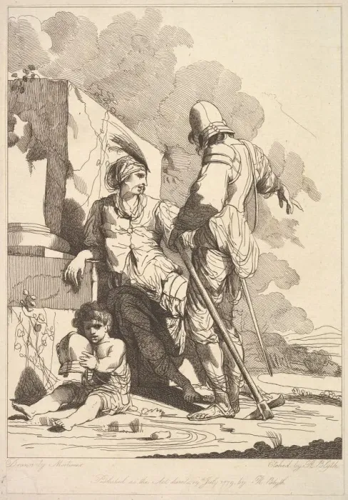 Framed Print : Two Soldiers and Child Holding a Helmet, July 19, 1779. Creator: Robert Blyth Framed Print : Two Soldiers and Child Holding a Helmet, July 19, 1779. Creator: Robert Blyth