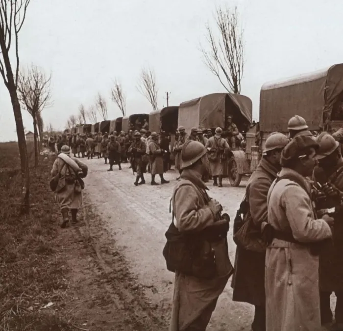 Framed Print : Soldiers and column of trucks on the Voie Sacree, Verdun, northern France, c1914-c1918 Framed Print : Soldiers and column of trucks on the Voie Sacree, Verdun, northern France, c1914-c1918