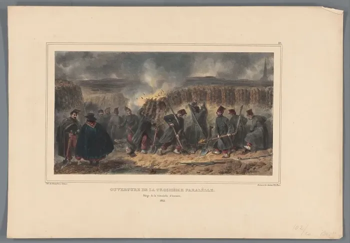 Framed Print : Soldiers dig a trench, 1832, (1833). Creator: Auguste Raffet Framed Print : Soldiers dig a trench, 1832, (1833). Creator: Auguste Raffet