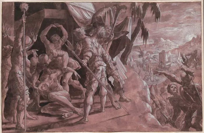 Framed Print : Soldiers Discovering the Body of Holofernes, c. 1550. Creator: Master Of The Liechtenstein Adoration Framed Print : Soldiers Discovering the Body of Holofernes, c. 1550. Creator: Master Of The Liechtenstein Adoration