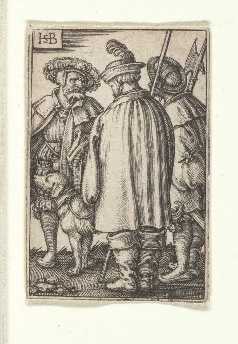 Framed Print : Three soldiers and a dog. Creator: Beham, Hans Sebald (1500-1550) Framed Print : Three soldiers and a dog. Creator: Beham, Hans Sebald (1500-1550)