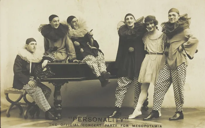 Framed Print : Soldiers, one in drag, performing in the concert party for Mesopotamia, posing...(1910-1919?). Creator: Hana Studios Framed Print : Soldiers, one in drag, performing in the concert party for Mesopotamia, posing...(1910-1919?). Creator: Hana Studios