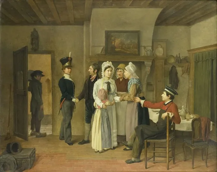 Framed Print : The Soldier's Farewell, 1828. Creator: Charles van Beveren Framed Print : The Soldier's Farewell, 1828. Creator: Charles van Beveren