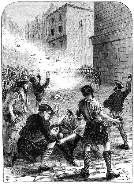 Soldiers firing on rioters during the insurrection at Glasgow, 1706 (19th century)