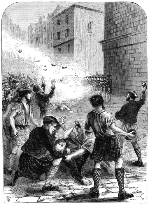 Framed Print : Soldiers firing on rioters during the insurrection at Glasgow, 1706 (19th century) Framed Print : Soldiers firing on rioters during the insurrection at Glasgow, 1706 (19th century)