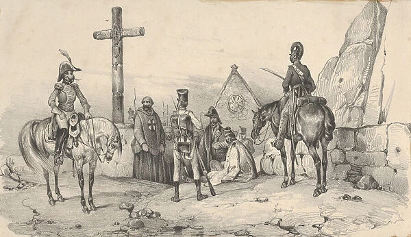 Soldiers gathered in front of a church with priests and a crucifix, mid-19th century