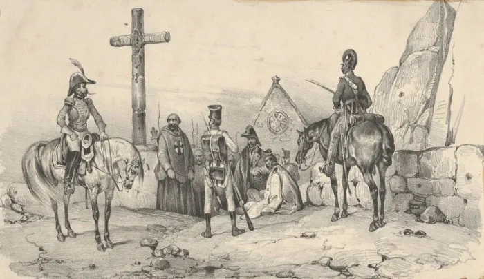 Framed Print : Soldiers gathered in front of a church with priests and a crucifix, mid-19th century Framed Print : Soldiers gathered in front of a church with priests and a crucifix, mid-19th century