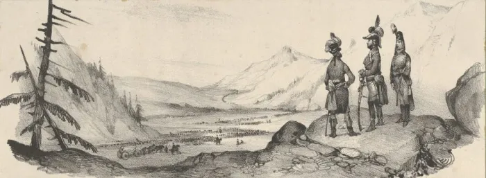 Framed Print : Three soldiers in a landscape, mid-19th century. Creator: Victor Adam Framed Print : Three soldiers in a landscape, mid-19th century. Creator: Victor Adam