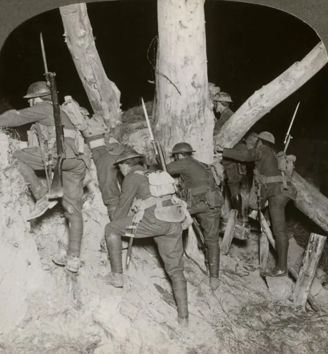 Framed Print : Soldiers leaving a trench for a night raid at Messines, Belgium, World War I, 1914-1918. Artist: Realistic Travels Publishers Framed Print : Soldiers leaving a trench for a night raid at Messines, Belgium, World War I, 1914-1918. Artist: Realistic Travels Publishers