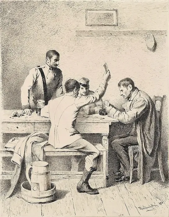 Framed Print : Soldiers playing cards, 1880. Creator: Friedrich Friedlaender Framed Print : Soldiers playing cards, 1880. Creator: Friedrich Friedlaender