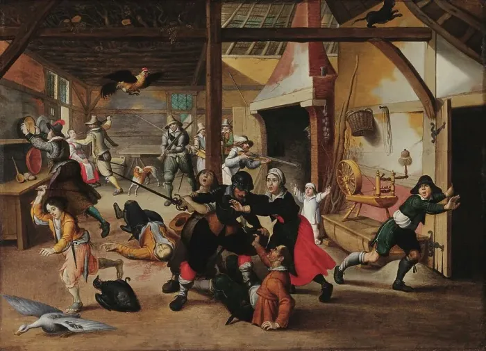 Framed Print : Soldiers plunder a farm, c 1620. Creator: Vrancx, Sebastiaen (1574-1647) Framed Print : Soldiers plunder a farm, c 1620. Creator: Vrancx, Sebastiaen (1574-1647)