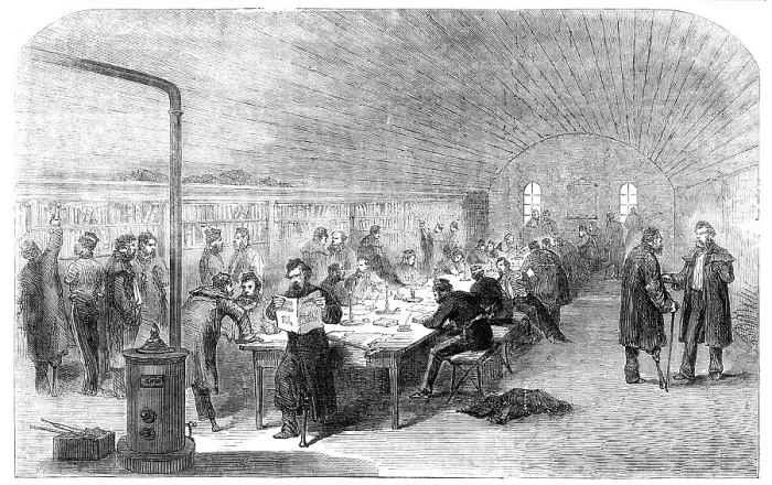 Framed Print : Soldiers Reading-Room, St. Mary's Barracks, Chatham, 1856. Creator: Unknown Framed Print : Soldiers Reading-Room, St. Mary's Barracks, Chatham, 1856. Creator: Unknown