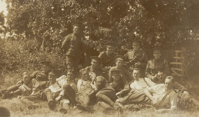 Framed Print : Soldiers relaxing in a field, (between 1910 and 1919?). Creator: Unknown Framed Print : Soldiers relaxing in a field, (between 1910 and 1919?). Creator: Unknown