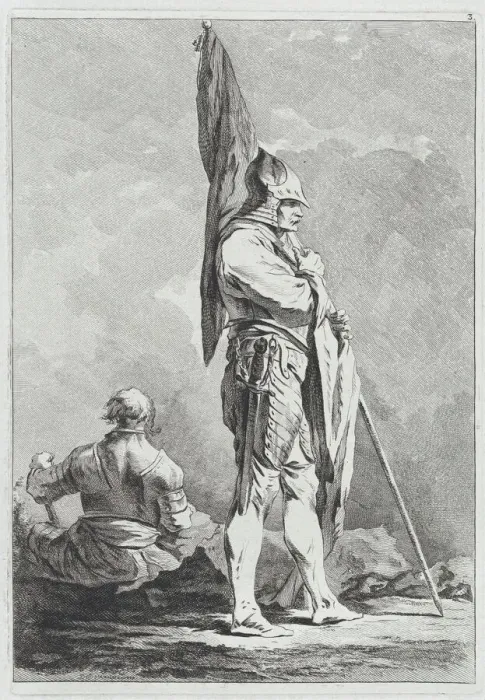Framed Print : Two Soldiers, One Standing Holding a Flag, One Seated Seen from Behind, 1764. Creator: Matthias Pfenninger Framed Print : Two Soldiers, One Standing Holding a Flag, One Seated Seen from Behind, 1764. Creator: Matthias Pfenninger