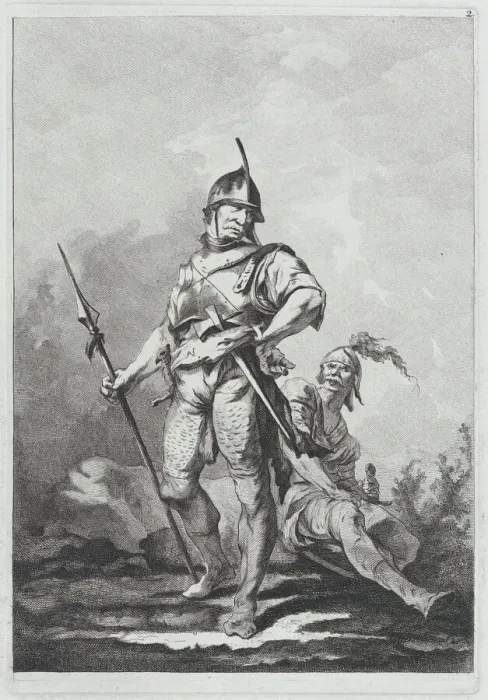 Framed Print : Two Soldiers, One Standing Holding a Lance, One Seated, 1764. Creator: Matthias Pfenninger Framed Print : Two Soldiers, One Standing Holding a Lance, One Seated, 1764. Creator: Matthias Pfenninger