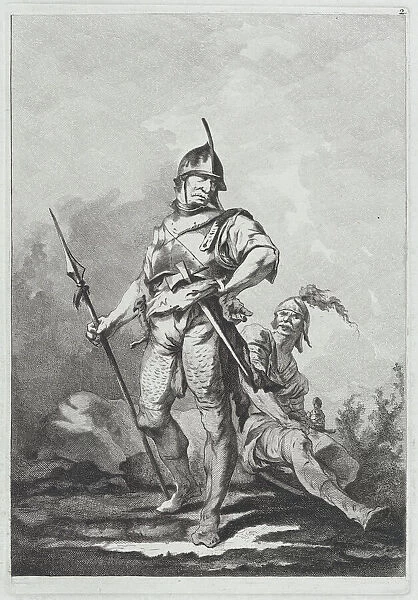Two Soldiers, One Standing Holding a Lance, One Seated, 1764. Creator: Matthias Pfenninger