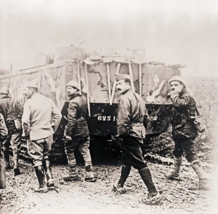 Framed Print : Soldiers walking behind tank, c1914-c1918 Framed Print : Soldiers walking behind tank, c1914-c1918