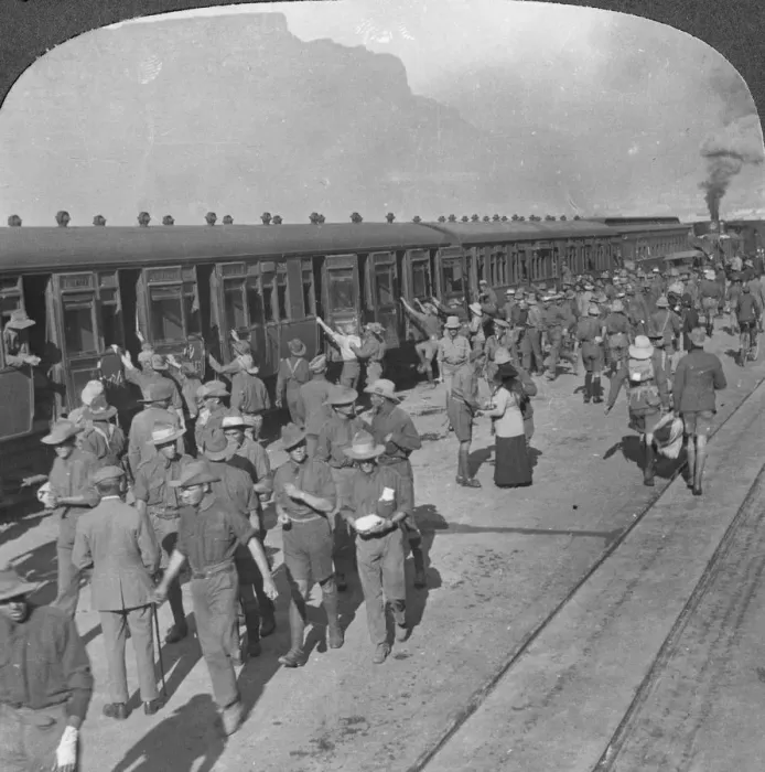 Framed Print : Soldiers of the Wiltshire Rifles boarding a train, Cape Town, South Africa, World War I, c1915. Artist: Realistic Travels Publishers Framed Print : Soldiers of the Wiltshire Rifles boarding a train, Cape Town, South Africa, World War I, c1915. Artist: Realistic Travels Publishers