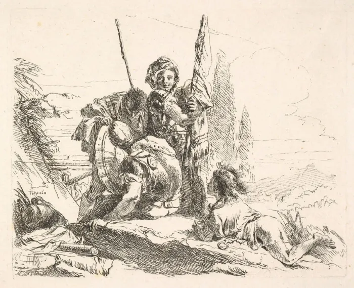 Framed Print : Three soldiers and a youth lying on his abdomen in a landscape, the soldiers bear a Framed Print : Three soldiers and a youth lying on his abdomen in a landscape, the soldiers bear a