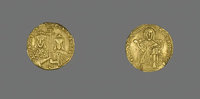 Framed Print : Solidus (Coin) of Basil I with Christ Enthroned, 868-870. Creator: Unknown