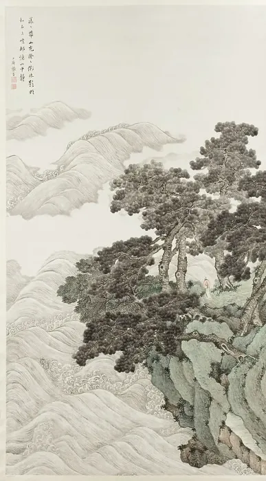 Framed Print : Solitary person under pines contemplating waves, 1820. Creator: Zhang Yin Framed Print : Solitary person under pines contemplating waves, 1820. Creator: Zhang Yin