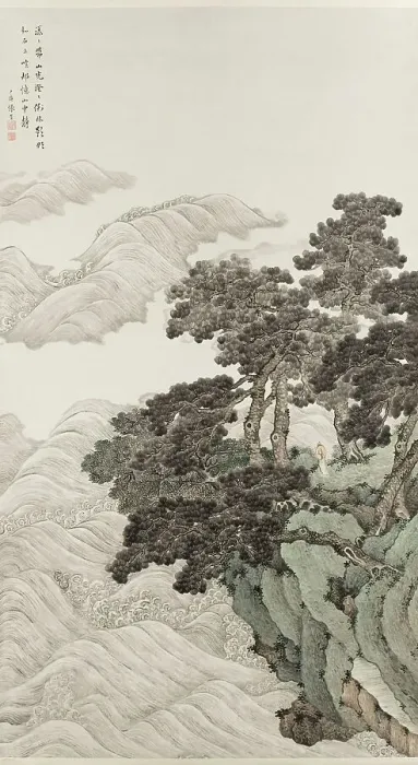 Framed Print : Solitary person under pines contemplating waves, 1820. Creator: Zhang Yin Framed Print : Solitary person under pines contemplating waves, 1820. Creator: Zhang Yin