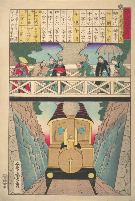 Framed Print : Solitary Travelers Guide to Railway, 19th century. Creator: Utagawa Yoshitora Framed Print : Solitary Travelers Guide to Railway, 19th century. Creator: Utagawa Yoshitora