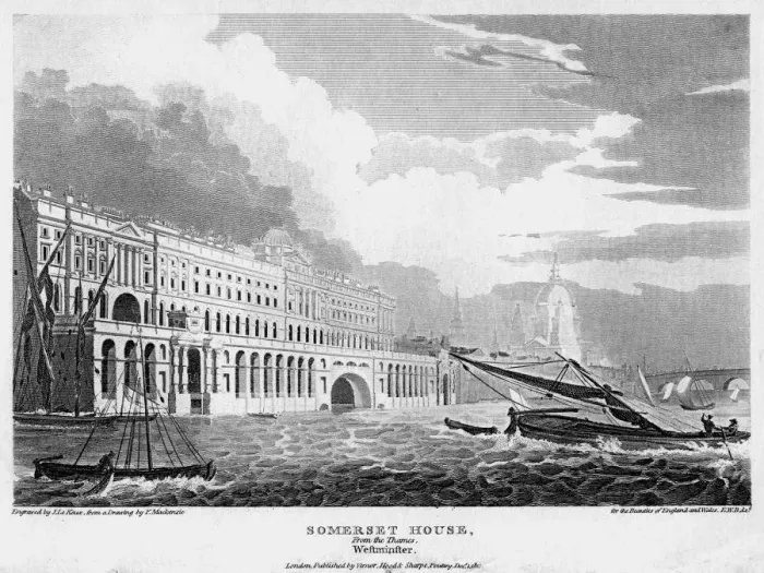 Framed Print : Somerset House, from the Thames, London, 19th century. Artist: H le Keux Framed Print : Somerset House, from the Thames, London, 19th century. Artist: H le Keux