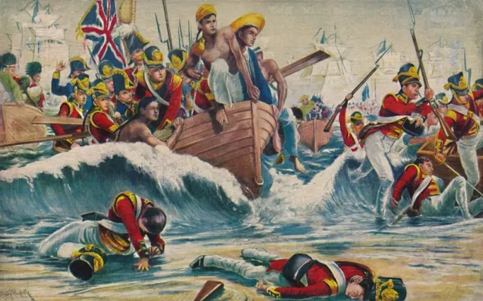 Framed Print : The Somerset Light Infantry. The Desperate Landing at Aboukir Bay, 1801, (1939) Framed Print : The Somerset Light Infantry. The Desperate Landing at Aboukir Bay, 1801, (1939)