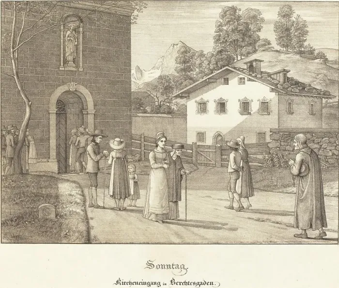 Framed Print : Sonntag - Kircheneingang in Berchtesgaden (Sunday - Going to Church near Berchtesgaden), 1823. Creator: Ferdinand Olivier Framed Print : Sonntag - Kircheneingang in Berchtesgaden (Sunday - Going to Church near Berchtesgaden), 1823. Creator: Ferdinand Olivier