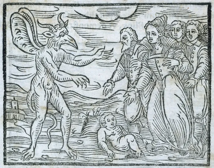 Framed Print : Sorcerers presenting a child to the devil, 1608. Creator: Unknown