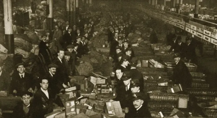 Framed Print : Sorting parcels at the Post Office, Mount Pleasant, London, 20th century Framed Print : Sorting parcels at the Post Office, Mount Pleasant, London, 20th century