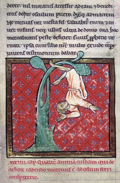 Framed Print : The soul of a man falls from a tree, 4th quarter of the 12th century. Creator: Unknown Framed Print : The soul of a man falls from a tree, 4th quarter of the 12th century. Creator: Unknown