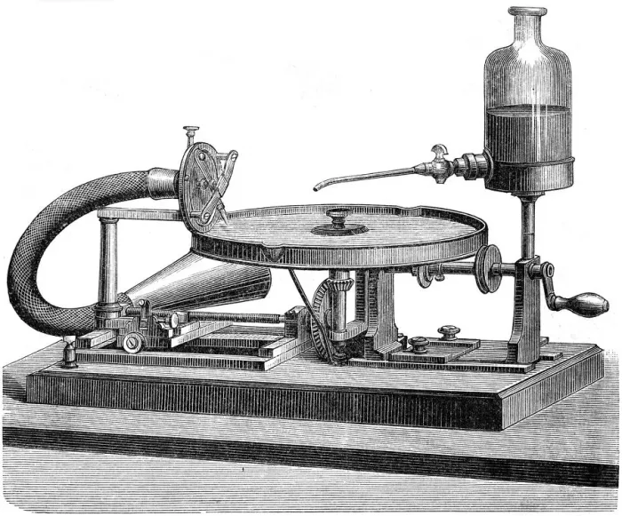 Framed Print : Sound Recording Disc Electricity Motor Battery Liquid, c1880 Framed Print : Sound Recording Disc Electricity Motor Battery Liquid, c1880