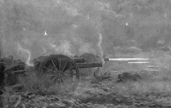 Sous le Choc; L'artillerie de campagne britannique couvrant la retraite, le 21 mars 1918... 1918. Creator: J Simont