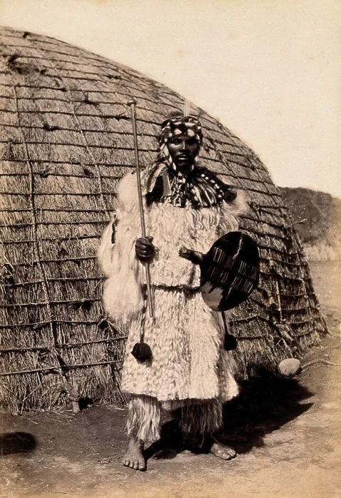 Framed Print : South Africa: an African chief in a dress of angora goatskin, 19th century. Creator: Unknown Framed Print : South Africa: an African chief in a dress of angora goatskin, 19th century. Creator: Unknown