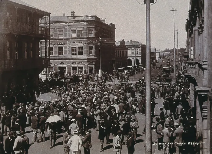 Framed Print : South Africa: a crowd of people gathered for trading in a chained off area outside the... 1896. Creator: Barnett Framed Print : South Africa: a crowd of people gathered for trading in a chained off area outside the... 1896. Creator: Barnett