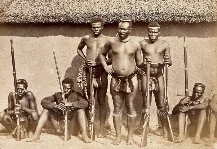 Framed Print : South Africa: a group of Zulu men with rifles, 19th century. Creator: Unknown Framed Print : South Africa: a group of Zulu men with rifles, 19th century. Creator: Unknown