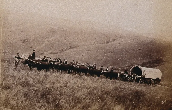 Framed Print : South Africa: landscape with people, a wagon and oxen in the foreground, 1896. Creator: Unknown Framed Print : South Africa: landscape with people, a wagon and oxen in the foreground, 1896. Creator: Unknown